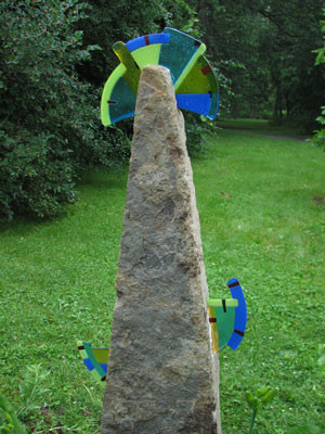 Half Moon: Fused glass and limestone; 51" h