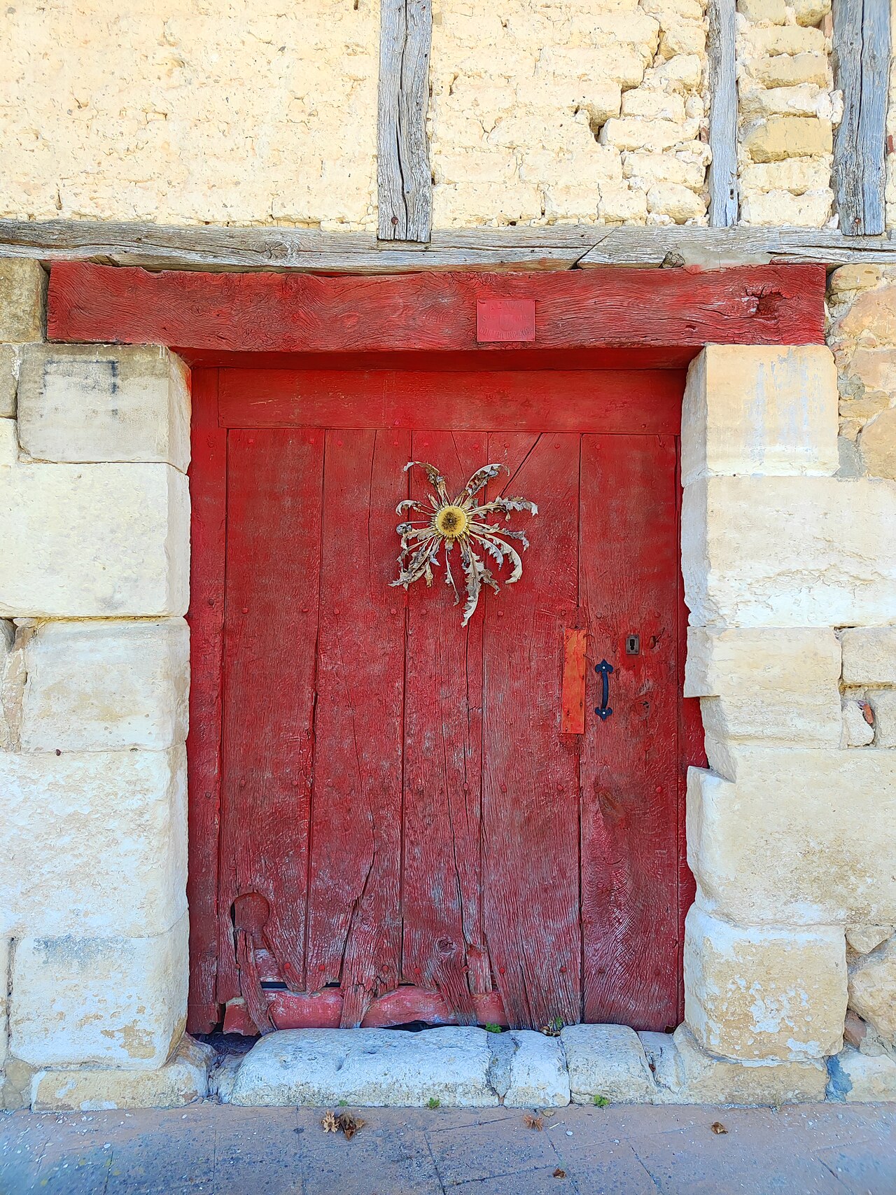Eguzkilore, fleur protectrice clouée sur une porte basque traditionnelle