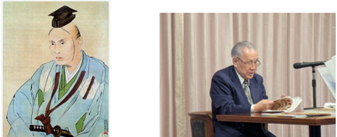 左:渡邊崋山 画 鷹見泉石 国宝 東京国立博物館蔵、右:資料を手に説明する鷹見本雄さん