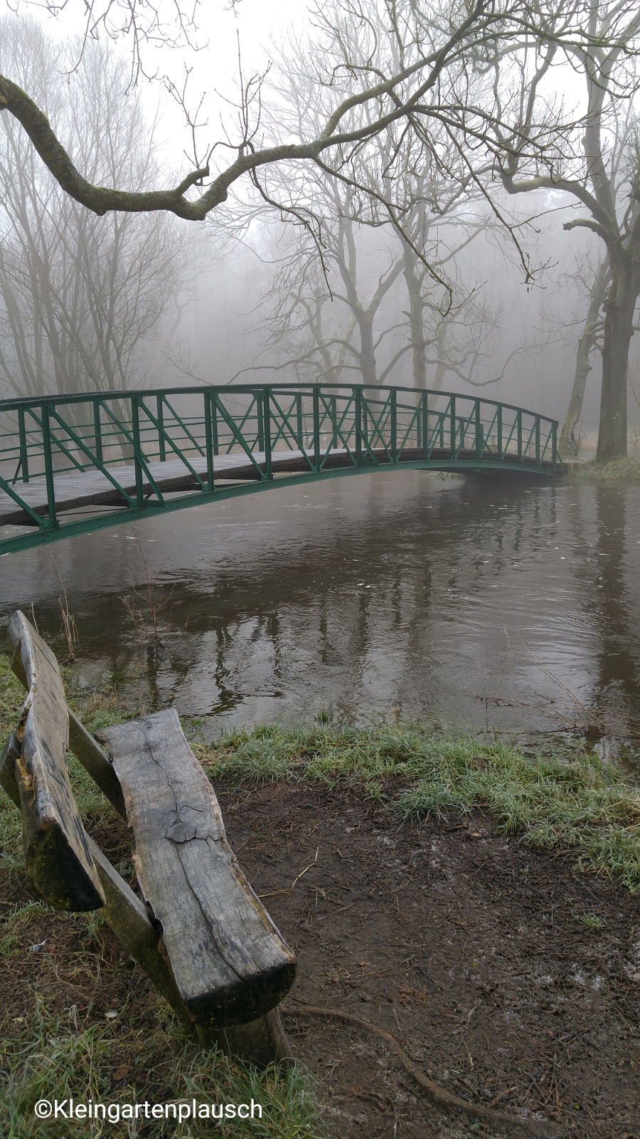 Sonst kann man die Brücke gut queren und dann in einem Rundbogen durch den Wald zurücklaufen: Am Sonntag war hier Schluss, denn das Wasser stand auf der anderen Uferseite kniehoch...