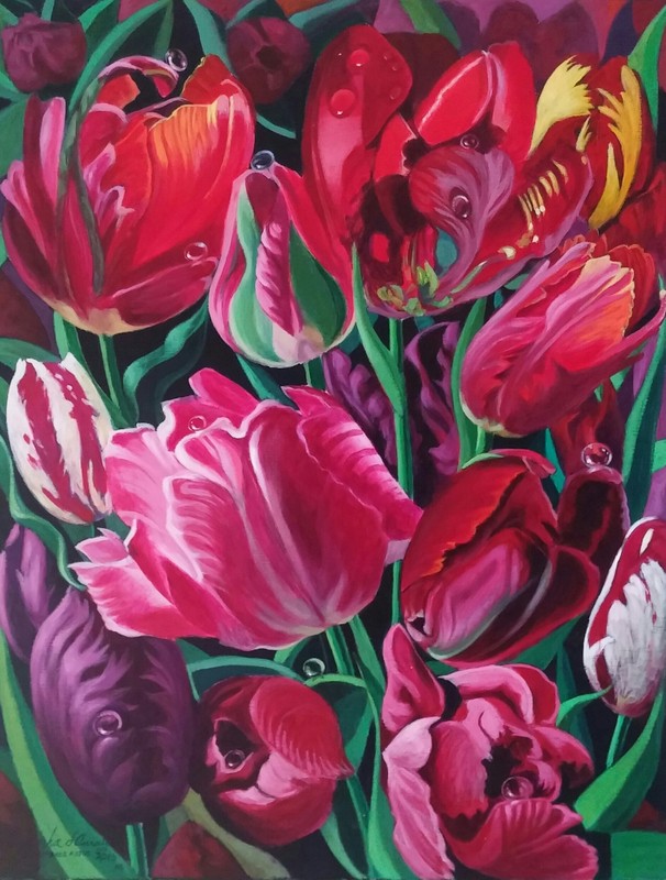 Tulp rococo, 90cmx 70cm, acrylverf op linnen, prive colectie, New York, USA.