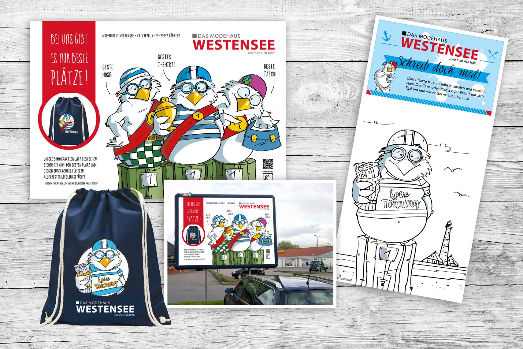 Großes Paket für das Modehaus Westensee in Tönning: Eine große Plakatwand, bedruckte Beutel und Flyer unterstützen die Aktion