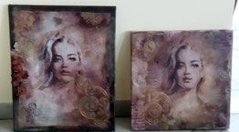 Tableau 50x50 recouvert de papier de soie collé au médium représentant un portrait de femme,  colorisé par des encres en spray décorations en papier et pâte de structure au pochoir