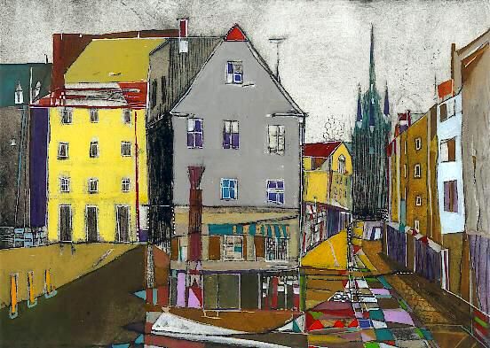 Leipziger Straße, Radierung, koloriert, 24 x 30 cm