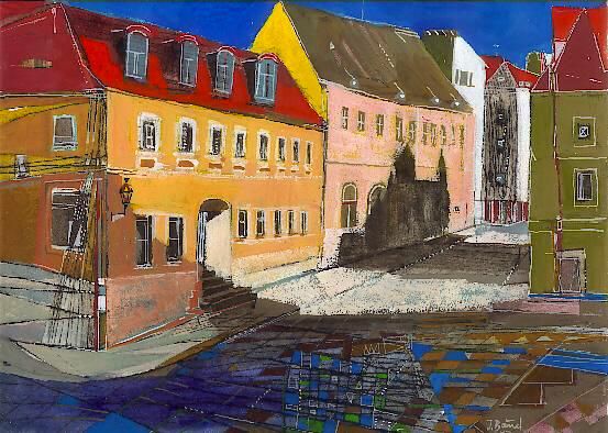 Händelhaus, Radierung, koloriert, 23 x 30 cm