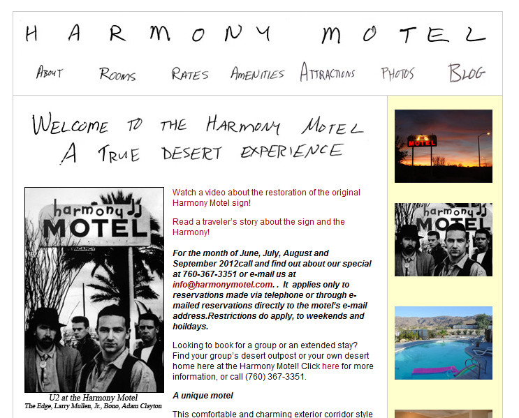 Homepage des Harmony Motels mit dem berühmten U2-Shot von Anton Corbijn (Mit freundlicher Genehmigung von  Ash Maharaj, harmonymotel.com)