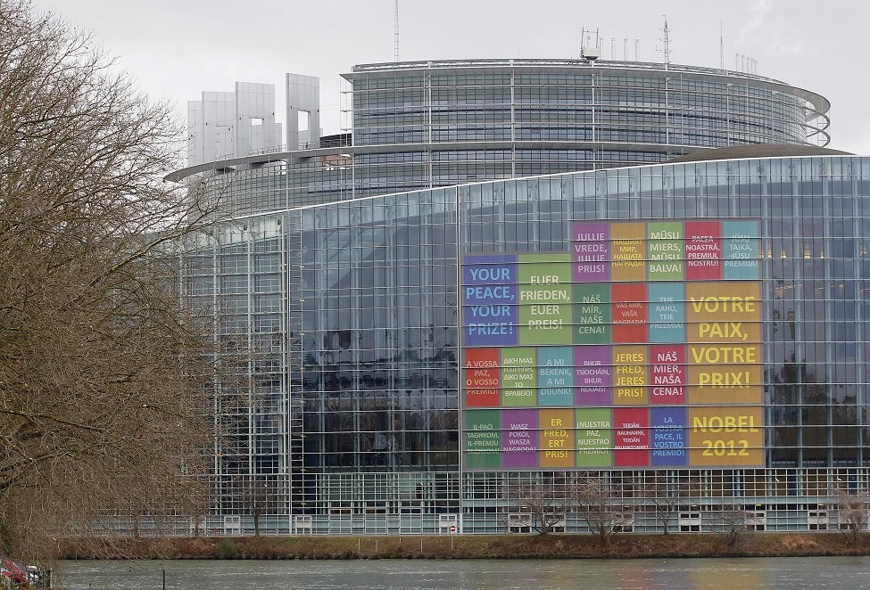 The European Parliament building is decorated with the slogan ‘your peace, your prize, Nobel 2012,’ written in EU country members’ languages in Strasbourg. The European Union received the 2012 Nobel Peace Prize at a ceremony in Oslo. (Reuters)