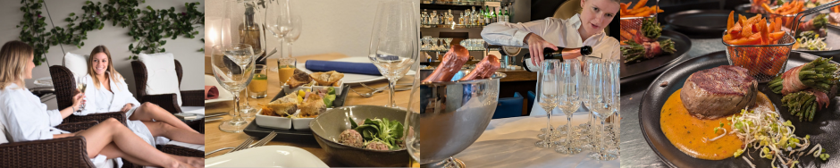 Collage aus Wellness und Genuss: zwei Gäste im Bademantel im Ruheraum, gedeckter Tisch, Sektservice und Gourmetgerichte – Wellness Wochenende für 2 im Parkhotel Schillerhain.