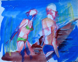 Aurelio, Caterina and Pongo at S.Erasmo (1978)  tempera e crete su carta cm 24 x 31,5  gouache and wax crayon on paper 9 3/8 x 12 3/8”