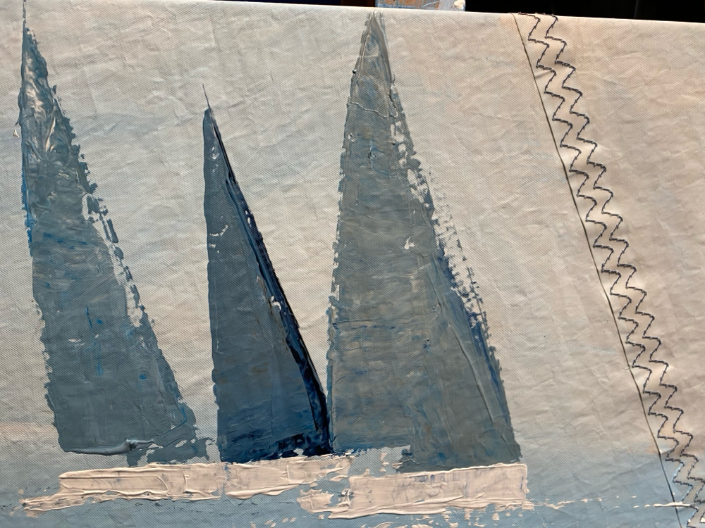 segel in dunkelblau und ocker, maritime Wanddeko mönkemöller