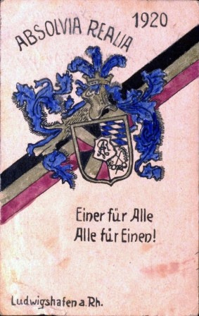 Postkarte. Absolvia Realia. Eine fuer Alle. Alle fuer Einen! Ludwigshafen am Rhein 1920. (german student postcard 1920s)