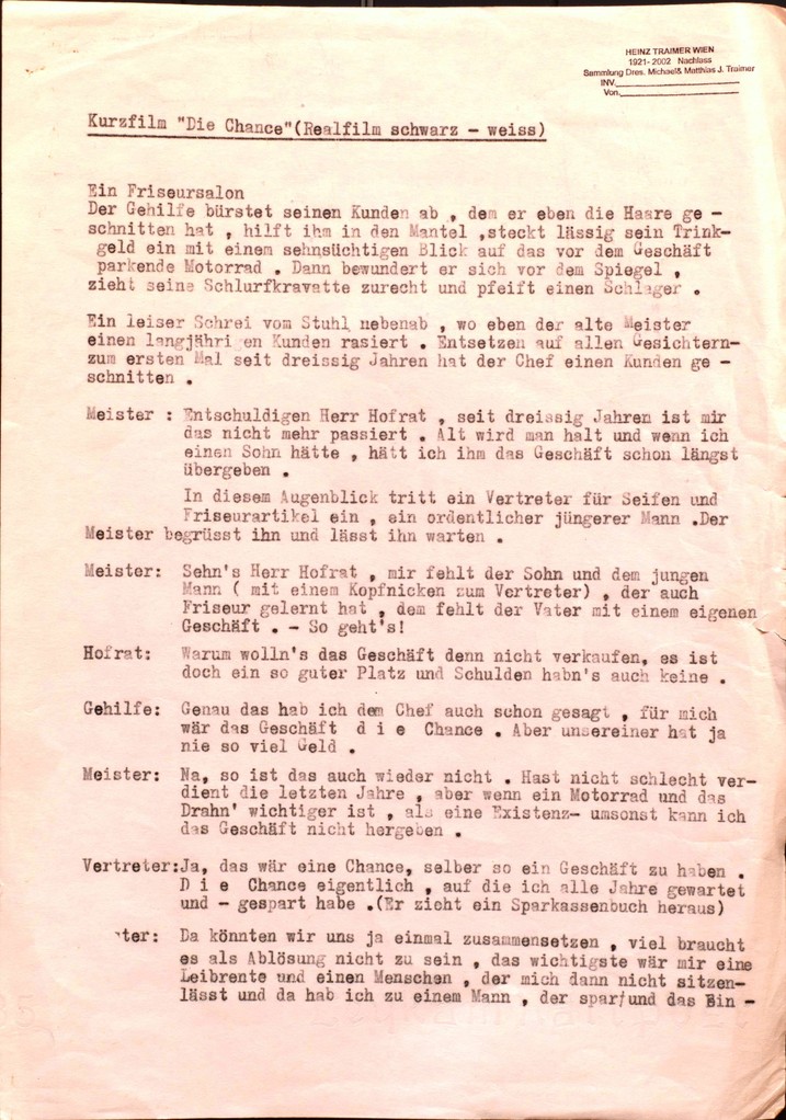 Sparkassen Werbefilm Script von Heinz Traimer (1960er Jahre).