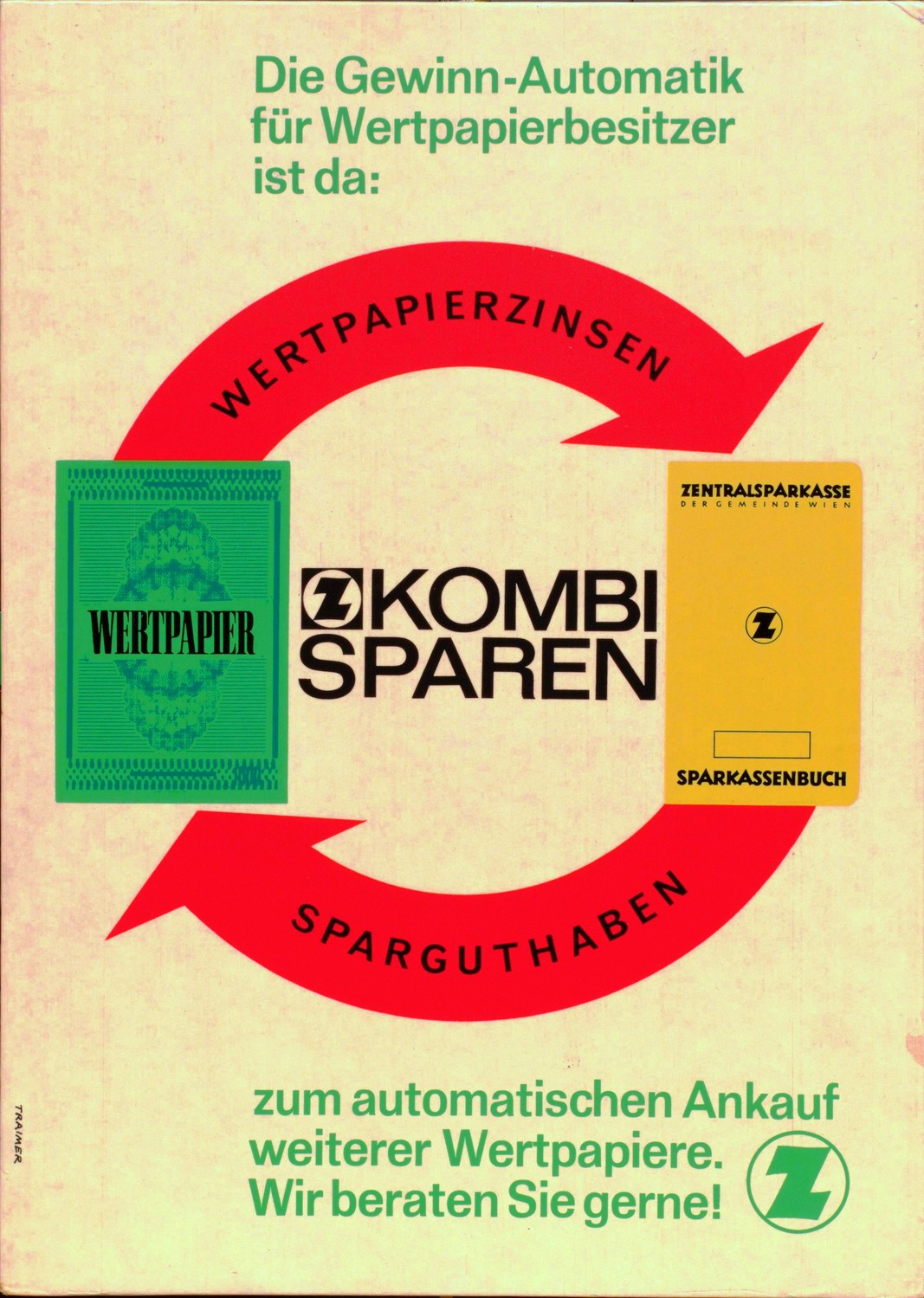 Kombisparen der Z Zentralsparkasse. Wertpapiere und Sparguthaben. Aufsteller für Filialen von Heinz Traimer um 1963