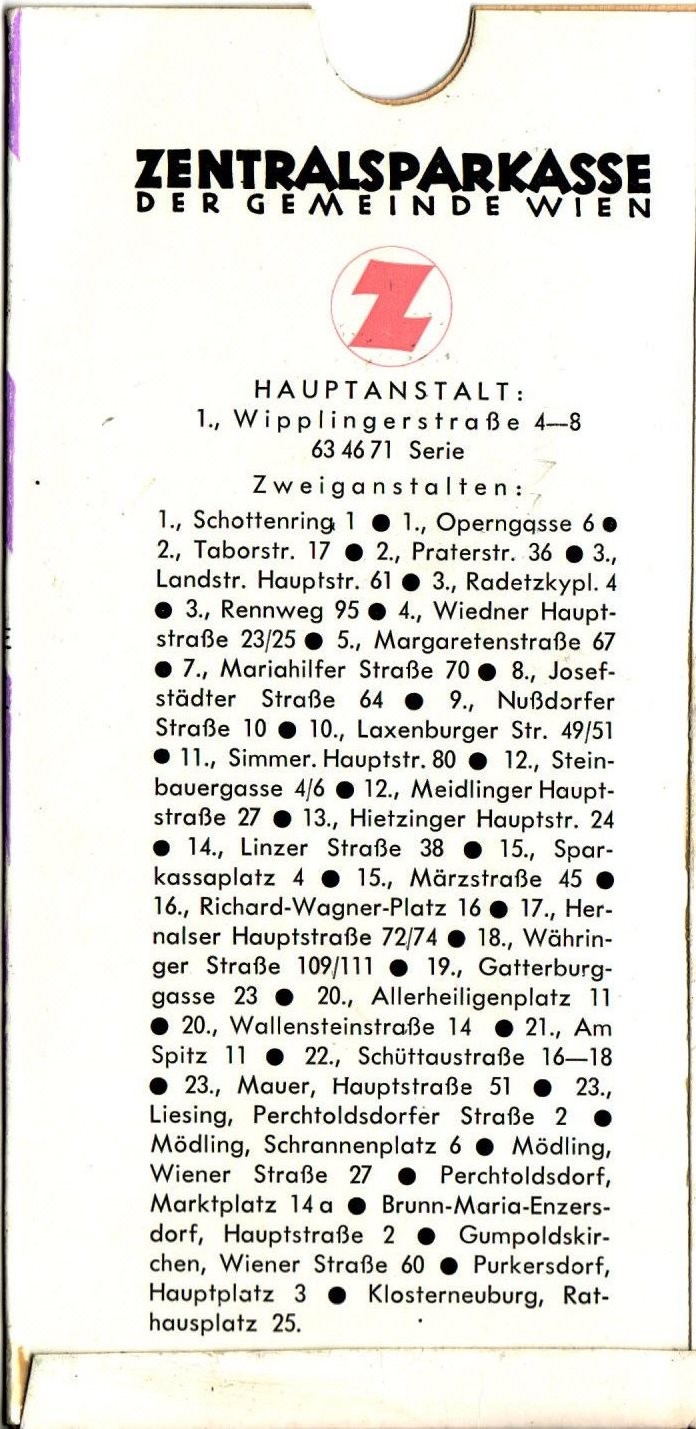 Sparkassenbuch/Sparbuch-Hülle der Zentralsparkasse Wien. Weltspartagsgeschenk? 1959.