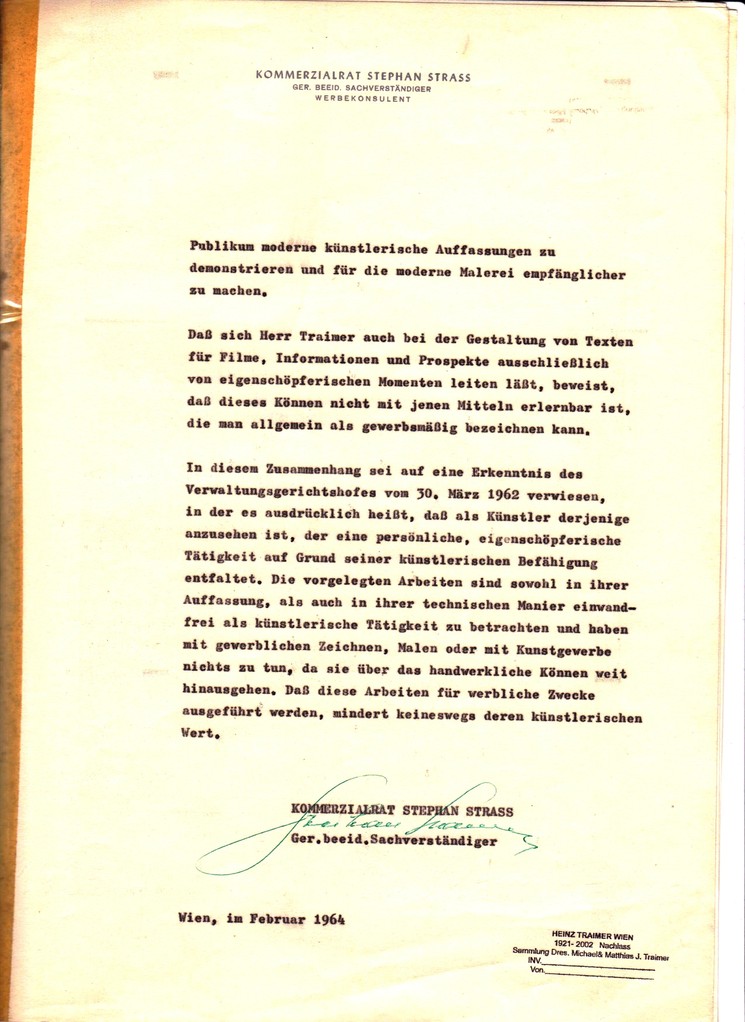 Künstlerisches Gutachten zu Heinz traimer von Stephan Strass 1964.