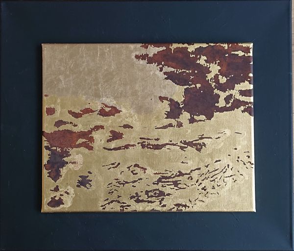  "Journey's Begin" February 2022. 23,75 carat Rosenoble Doppel Gold leaf, and patinated iron ground on canvas 50 cm x 40 cm. One of a series of landscapes mounted on a black canvas 70 cm x 60 cm.