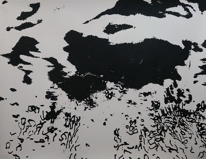 This is the second of the large abstract landscapes produced on heavy medium sketching paper, 160 cm x 120 cm (62,99, x 47,2 inches). This one is called "One step outside the mind's eye" finished on February 8th, 2022.