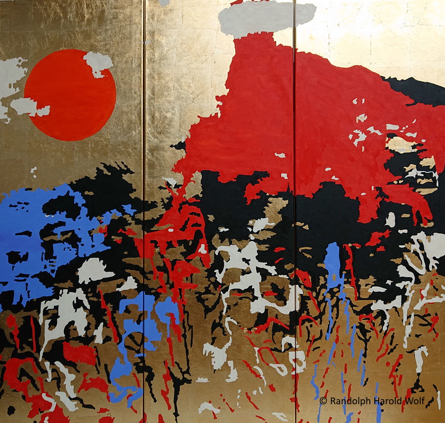 "After the Tempest". (2021) Folding screen, 150 cm x 150 cm made of three canvases with gold leaf and oil colors.