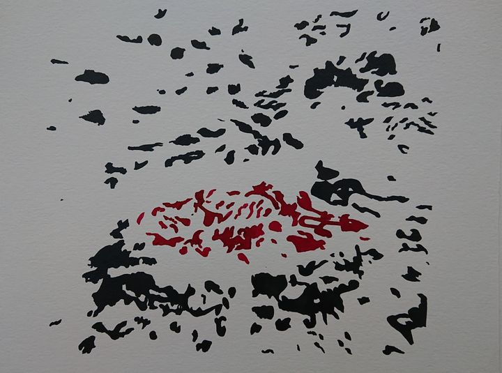 "Zensations". (2022) Images on Hahnemühle acrylic paintpaper, suggesting movement, physical and emotional in red and black ink. 36cm x 48 cm.