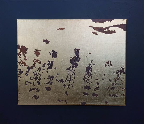 "Reflection" February 2022. 23,75 carat Gold leaf, and patinated iron ground on canvas 50 cm x 40 cm. One of a series of landscapes mounted on a black canvas 70 cm x 60 cm.