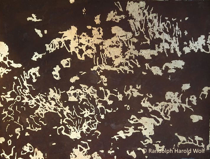 "The Listening Field" Iron ground on handmade paper measuring 76 cm x 56 cm. Here I used 23 carat gold leaf on an iron ground background. The iron has been lightly patinated. 