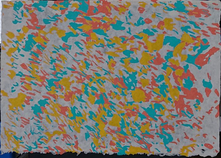 "Social Nexus" January 19, 2022 in the time of Corona. Acrylic paint on handmade Thailand paper. ca. 82,5 cm x 57 cm. Interesting are the figures on different levels seeking unison.