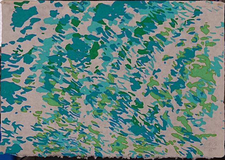 "Gettin ...it together". February 12, 2022 in the time of Corona (2 AC). Acrylic paint on handmade Thailand paper. ca. 82,5 cm x 57 cm.