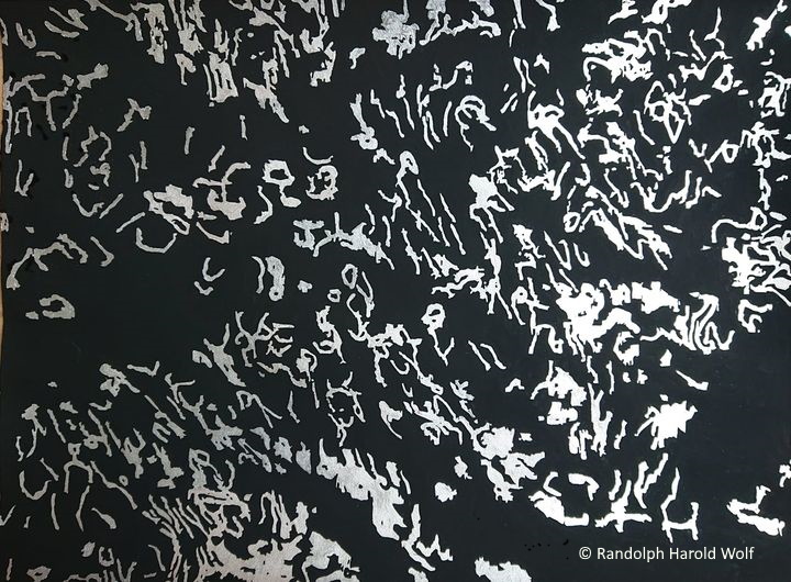 "Night Script" executed on handmade paper measuring 76 cm x 56 cm. Here I used silver leaf for the figures and complimented them by painting the background with ivory black designer gouache.