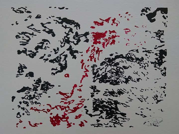 "(E)-Motion ". (2022) Images on Hahnemühle acrylic paintpaper, suggesting movement, physical and emotional in red and black ink. 36cm x 48 cm.