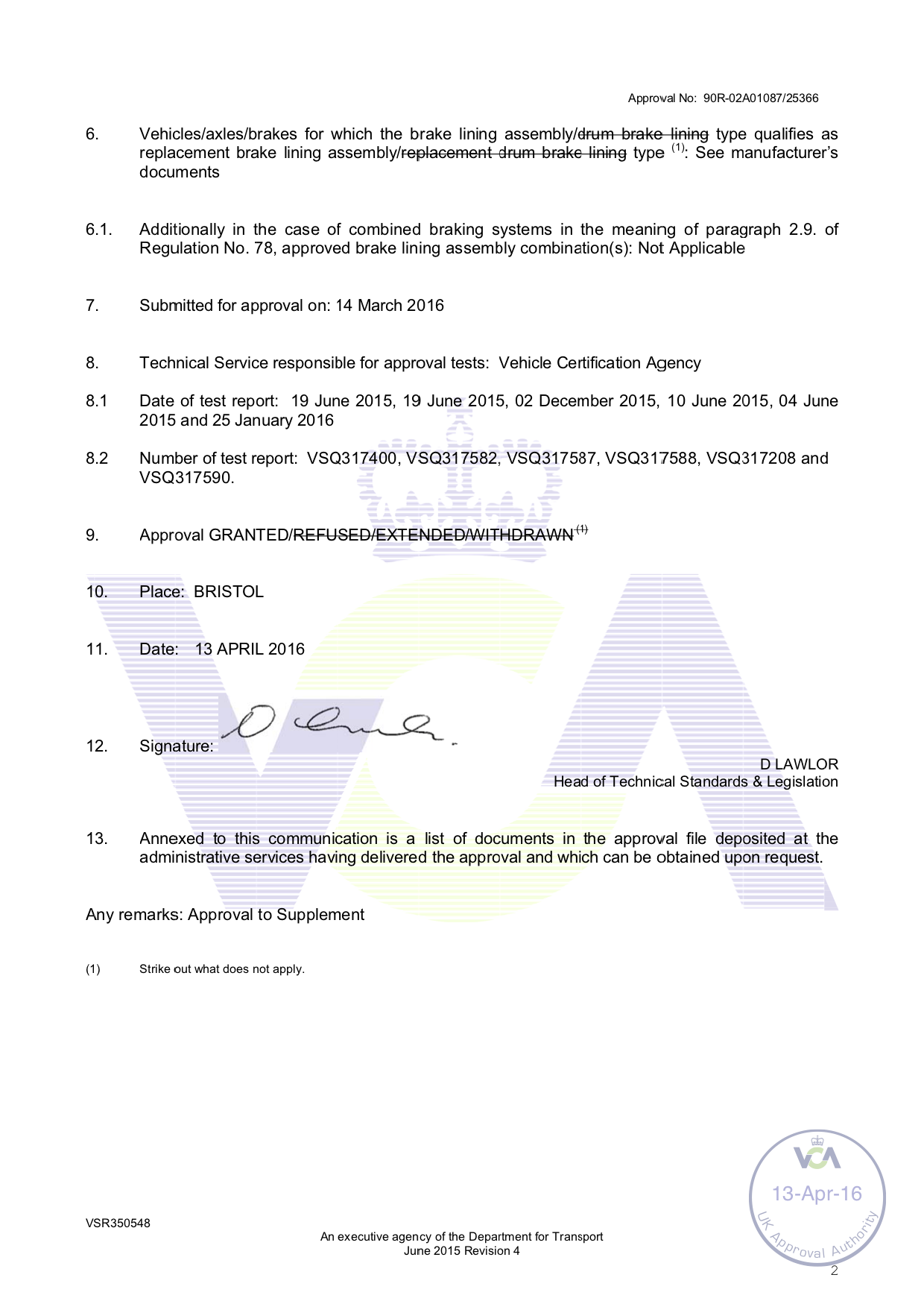 ECE R90 E11 Certificate Page 2