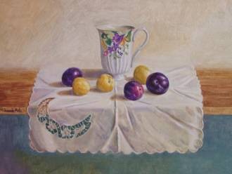 Jarro con ciruelas.Tempera on panel.