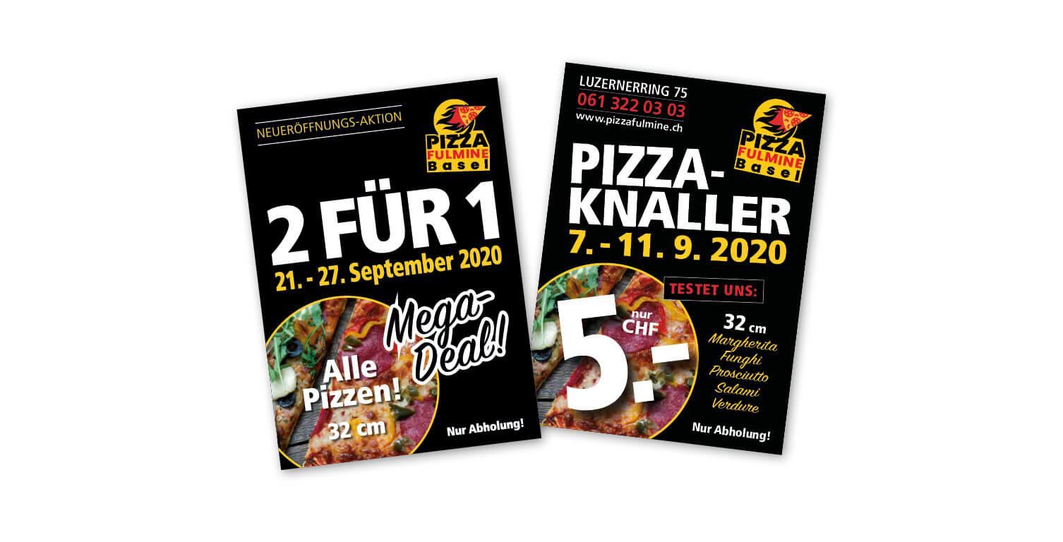 Grafik Flyer Promotionen, Pizza Fulmine, Basel