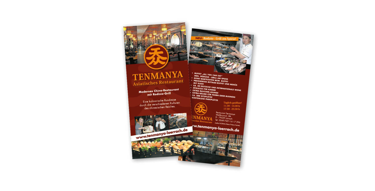 Gestaltung Flyer Din lang für das asiastische Restaurant Tenmanya, Lörrach