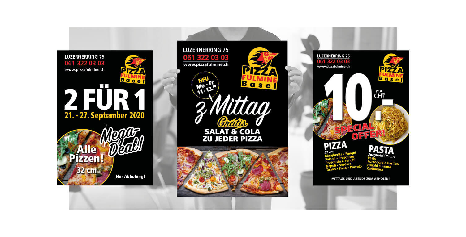 Grafikdesign Plakate für Promotionen von Pizza Fulmine, Basel