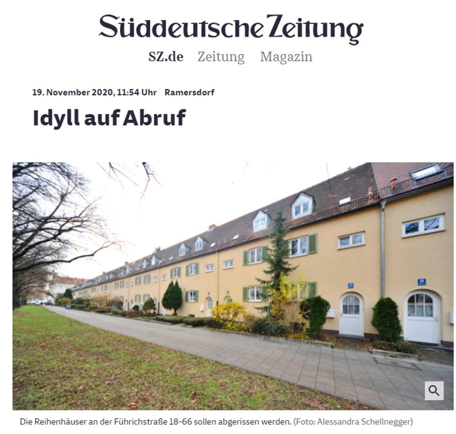 Artikel über das Bauvorhaben des gemeinnützigen Wohnungsverein München 1899 e.V. in der SZ am 19.11.20