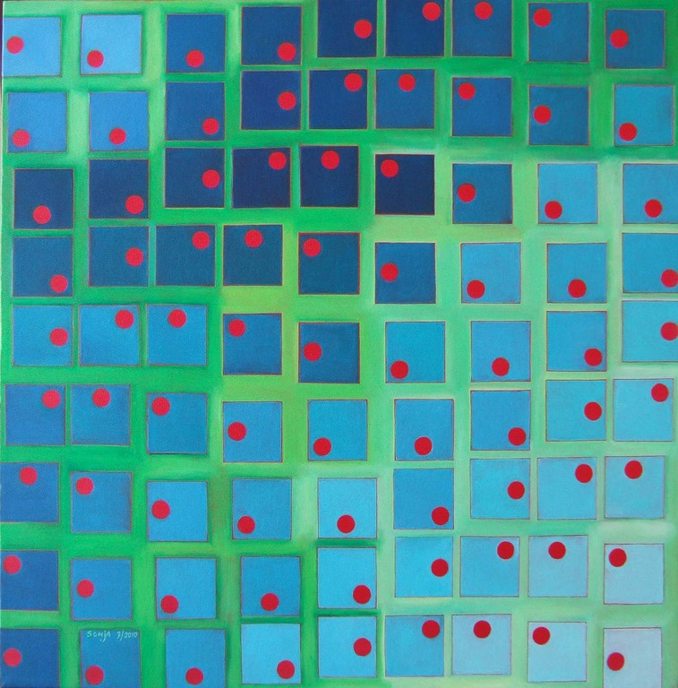 SOLD 2010 - #56 - "Wonky" - oil on canvas 24x24, 8/10 - Julio Le Parc inspired