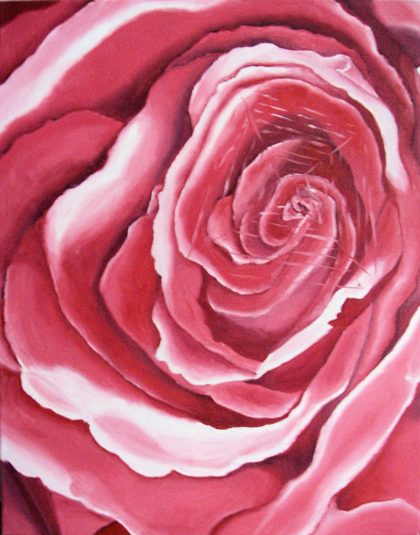 SOLD 4/21 - "Rose" oil on canvas, 16"x20", 2007. This was done using the grid method, I decided to distort the squares, resulting in a "wobbly" rose. Then I randomly put a spider web and a fly landed in it! 