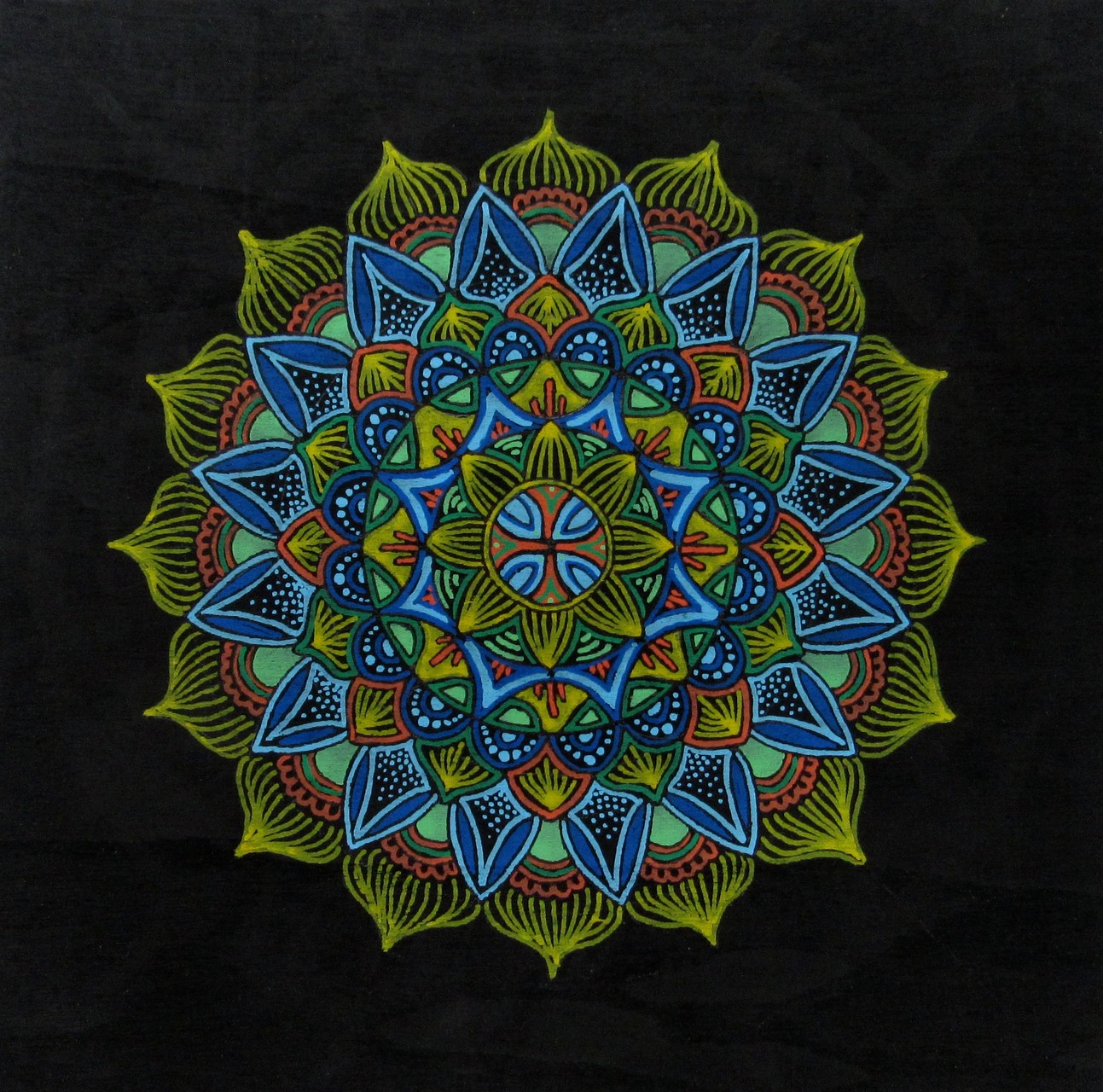  SOLD 4/16 - #351 -Mandala doodle 2, acrylic markers on cr. wood board 6"x6", 12/15