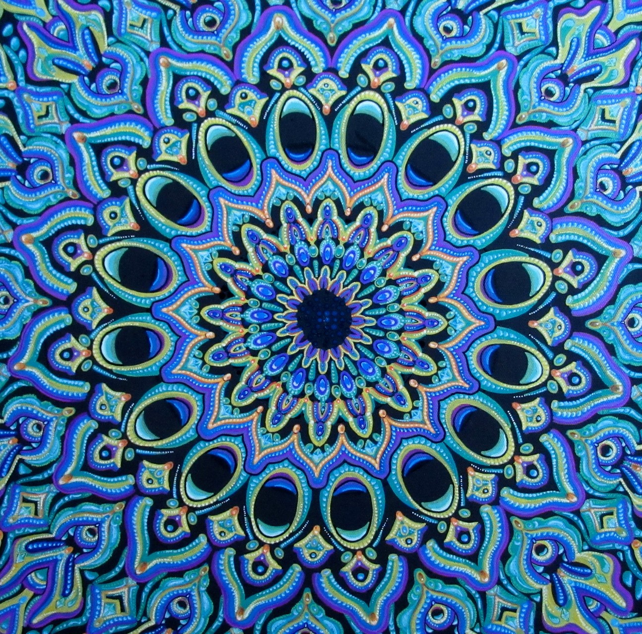 SOLD 4/16 - #345 - "Peacock Mandala", oil paint markers on canvas 16x16, 10/15 - Insp. by Michael Garfield