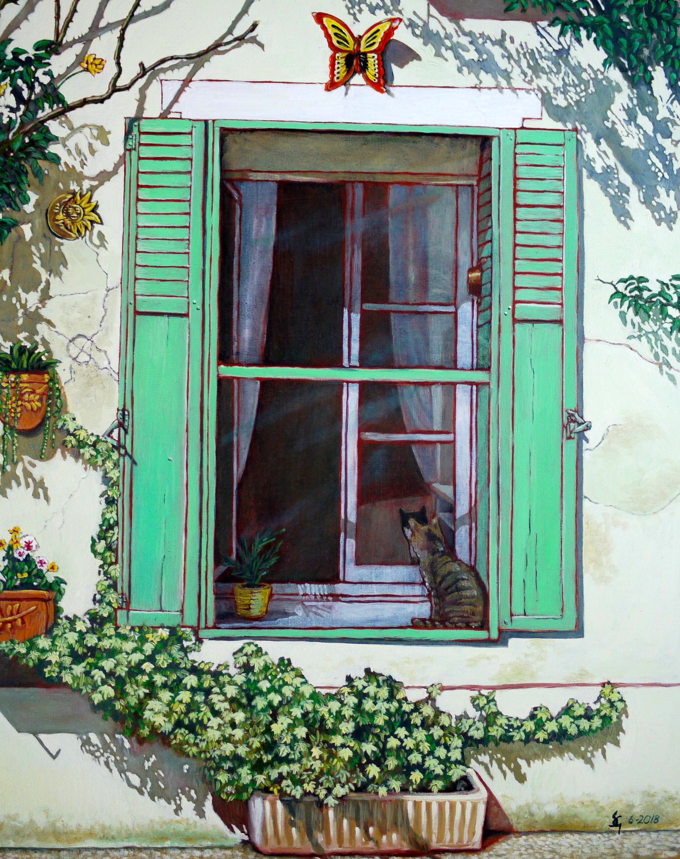 #468 - "Watcher" Doors of Europe Series VII (cat/window), oil on canvas 16x20, 6/18 (4) art rental