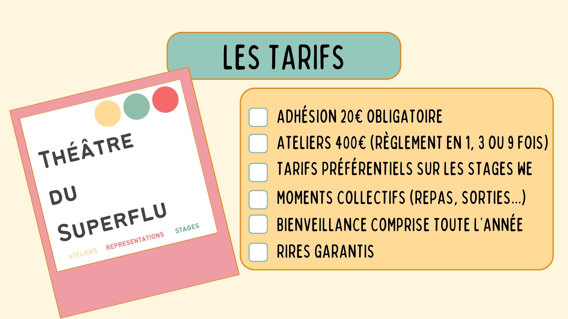 Les tarifs - Saison 2025/2026 - Crédits photos et images : Le théâtre du Superflu - Création EGUE Août 2025