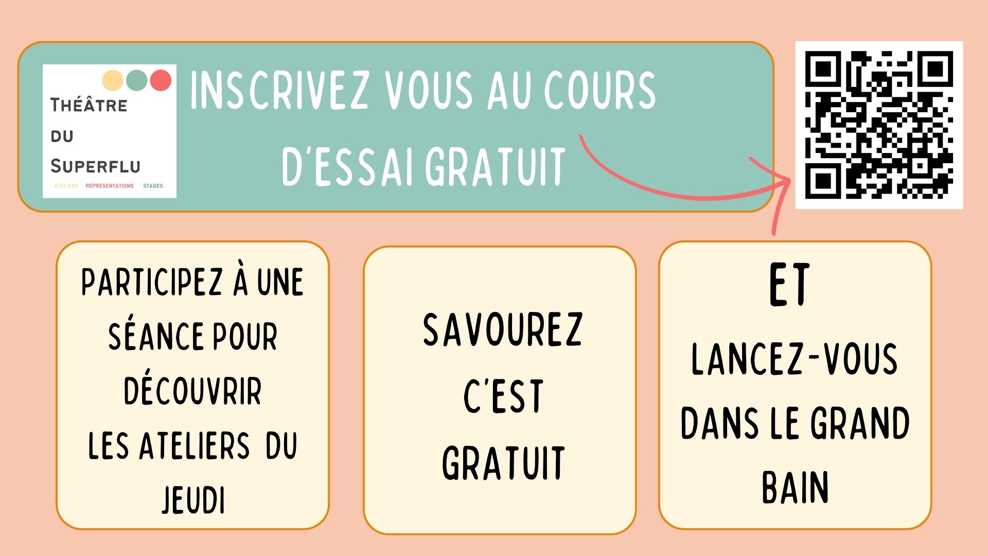 Inscrivez vous à un cours d'essai gratuit - Saison 2025/2026 - Crédits photos et images : Le théâtre du Superflu - Création EGUE Août 2025