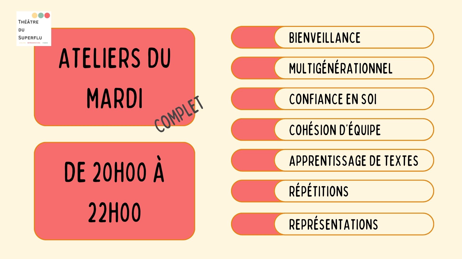 Les ateliers du mardi, déjà complet - Saison 2025/2026 - Crédits photos et images : Le théâtre du Superflu - Création EGUE Août 2025