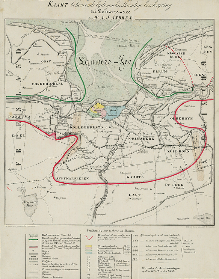 Kaart behorende bij de geschiedkundige beschrijving der Lauwerszee door Mr. A.J. Andreae, circa 1890. Met een groene en rode lijn geeft Andreae de mogelijke middeleeuwse kustlijnen aan.