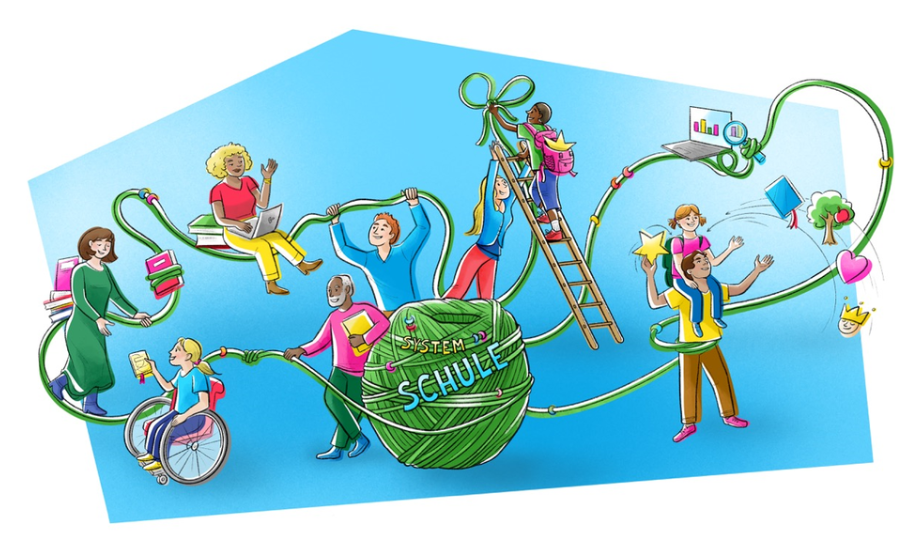 Illustration_Schulen_fuer_alle_System_Schule_staerken_blauer_Hintergrund_Zeichnung_Schule_als_System