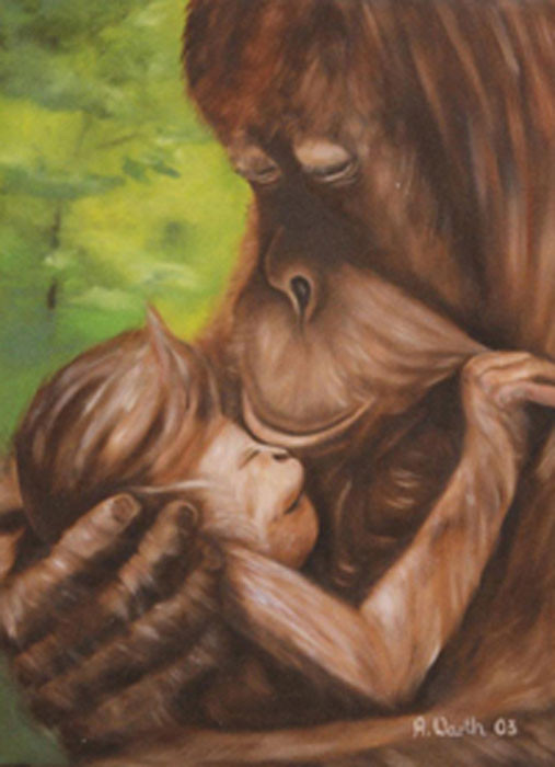 Orang Utan Mama mit Baby  2003  Öl    30 x 40 cm