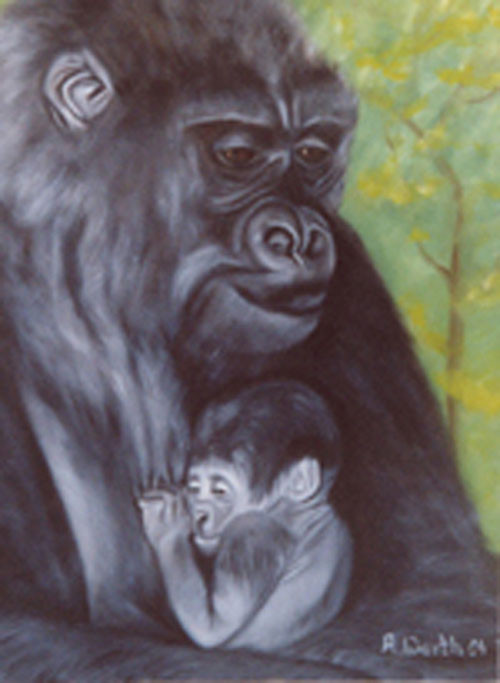 Gorilla Mama mit Baby   2003   Öl   30 x 40 cm