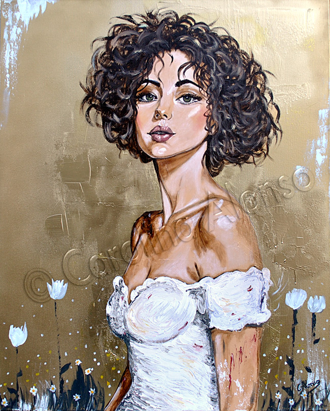 Verträumt zwischen Blumen und Gold (2025), 100x80x4cm, acrylic on canvas