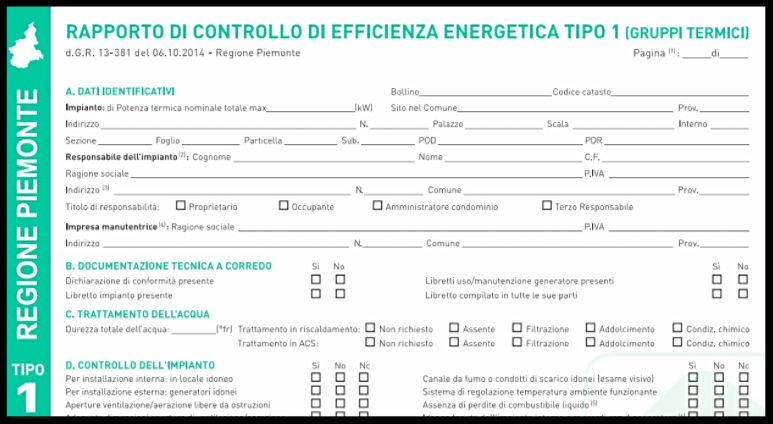 Rapporto di efficienza energetica tipo 1 per gruppi termici da caricare sul catasto impianto termici della regione piemonte