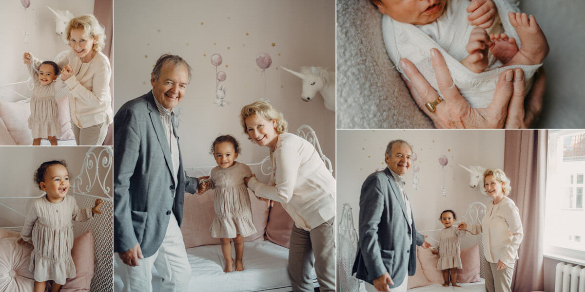 HOMESTORY MIT NEUGEBORENEM und Geschwisterkind, Babyfotografin in Berlin, Neugeborenen Fotosession mit den Großeltern zuhause in Berlin